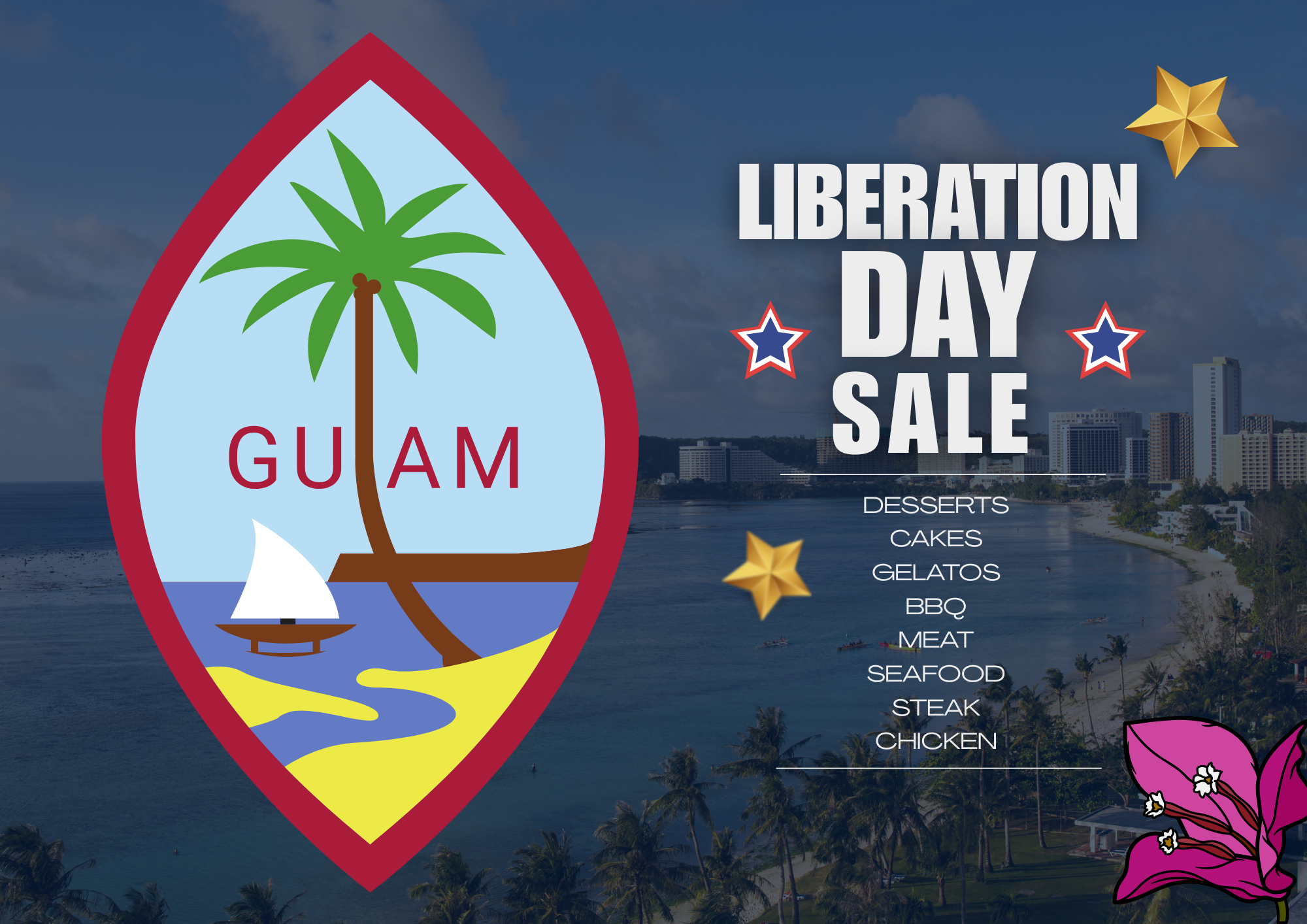 Promotional graphic for Guam Liberation Day Sale with Guam emblem and beach scene.